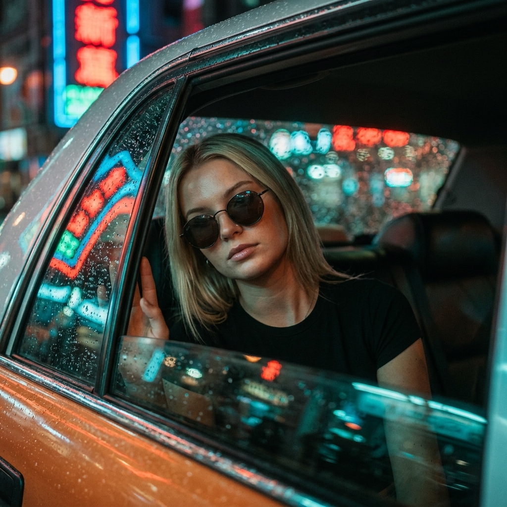 Same portrait restyled as Rainy Taxi Reflection