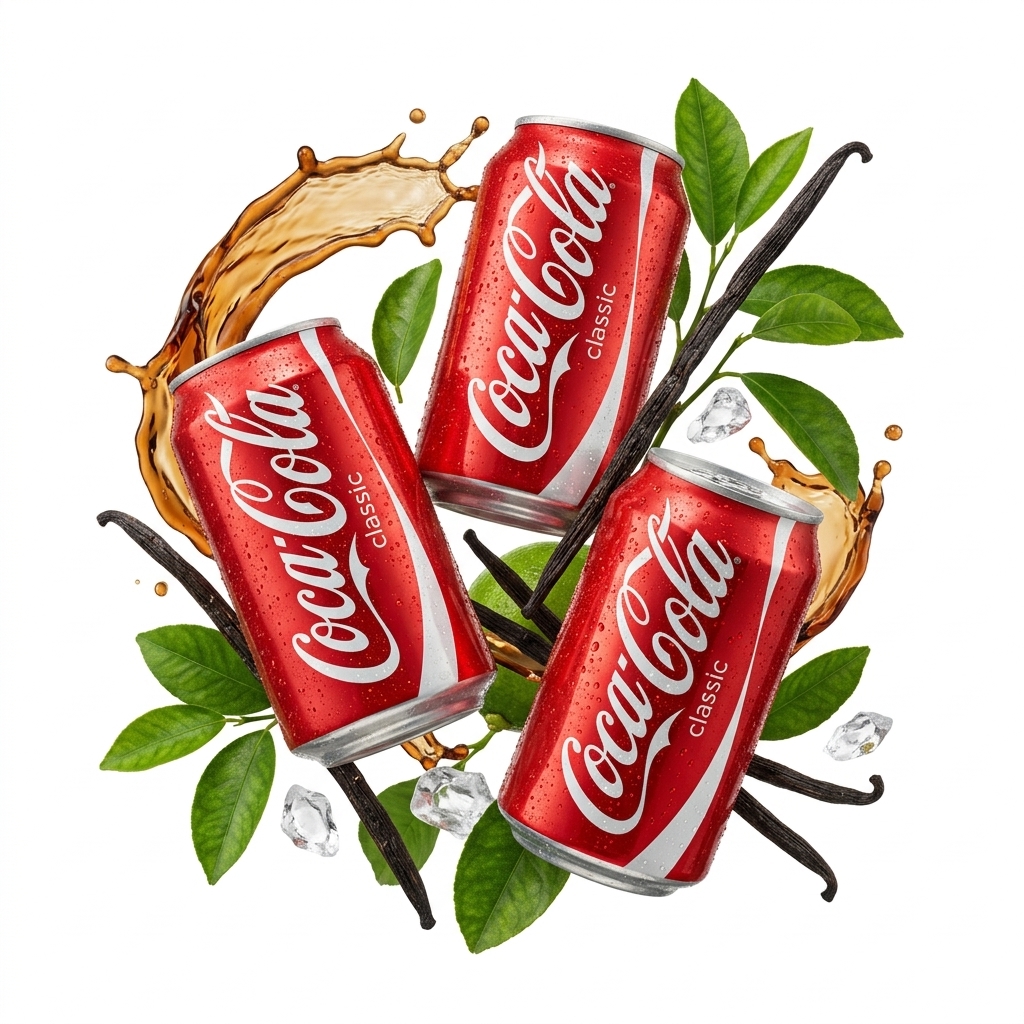 Cola bottle in a floating ingredient studio scene